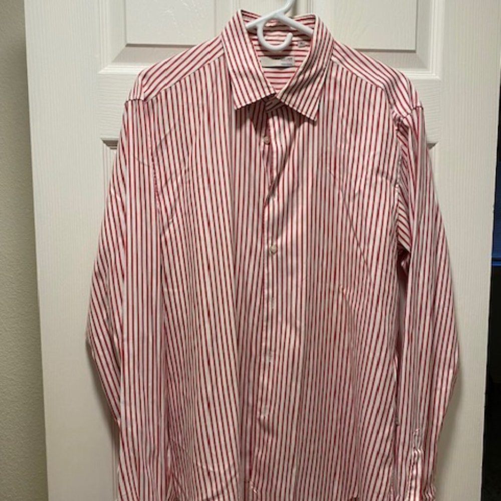 Poggianti 1958 Red/White Stripe Button Up Dress Shirt Italy, Size XL